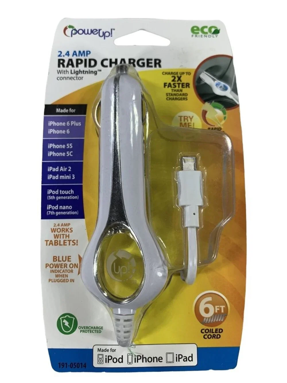 PowerUp! 2.4 Amp Rapid Charger Lightning Connector Car Charger 6 Ft Cord NEW